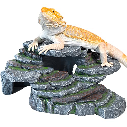 Reptile Hide & Cave Hideout Rainforest Series - Reptile Ledge Hide, Basking Rock, Terrarium & Aquarium Decor, Decorative Resin for Lizards, Fish, Snakes, Amphibians, Small Animals