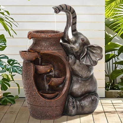 AUTODAYA 19" H Elephant Jar Outdoor Water Fountain, Rustic Farmhouse Water Feature with Tranquil Cascading Waterfall, Relaxing Garden Patio Yard Deck Kitchen Floor Tabletop Decor
