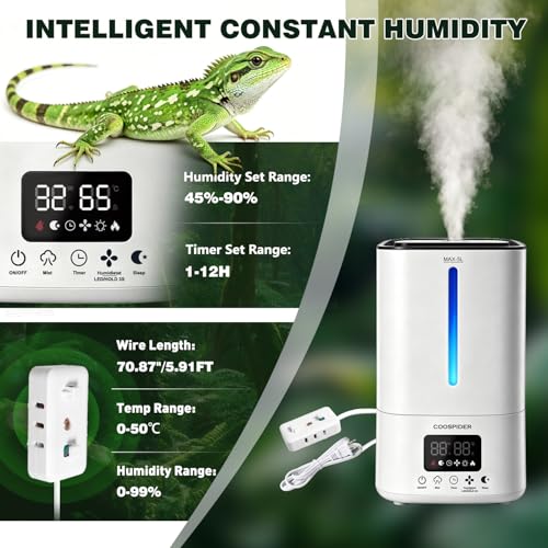 COOSPIDER Reptile Fogger Humidifier, Automatic Humidifiers, Terrarium Humidifiers with Timer Humidity Control, Reptile Mister for Reptiles Amphibians Herps Vivarium (White, 5L/1.32GAL) - color: White