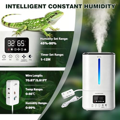 COOSPIDER Reptile Fogger Humidifier, Automatic Humidifiers, Terrarium Humidifiers with Timer Humidity Control, Reptile Mister for Reptiles Amphibians Herps Vivarium (White, 5L/1.32GAL) - color: White
