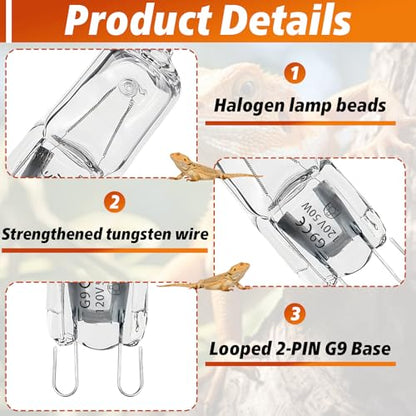 8 PCS G9 Halogen Bulb, Mini Halogen Bulb 50W, Reptile Heat Lamp for Bearded Dragon Gecko Turtle Lizard