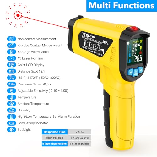 Infrared Thermometer Gun, TEMIRUP Non Contact Digital IR Laser Thermometer Temperature Gun with Probe for Cooking, Pizza Oven, Griddle, Humidity Measurement, Adjustable Emissivity -58°F to 1472°F - color: Yellow -58°F~1472°F (-50°C to~800°C)