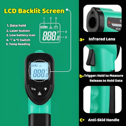 OnniOne Infrared Thermometer Gun for Cooking, -58℉~1022℉, Digital Laser Temperature Gun for Blackstone Pizza Oven Reptiles, IR Thermometer with Carrying Storage Case, Larger Font, LCD Backlit, Green - color: Green