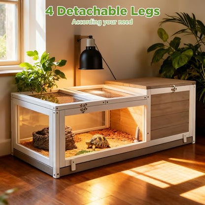Standing Tortoise Habitat with Lamp Holder in Indoor & Outdoor, Wooden Turtle Enclosure Table with Detachable Legs, Leakproof Tray, Openable Roof for Tortle, Lizard, Chameleon, Grey - size: 37"L x 23"W x 32"H