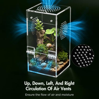 Pre-Assembled Jumping Spider Enclosure, Acrylic Terrarium with Magnetic Door & All-Side Ventilation, Habitat for Spiderling, Mantis, Tarantula, Snail, 3.5"×3.5"×7" (Tweezer & Temp Sticker Included) - size: Small Vertical (3"×3"×7")