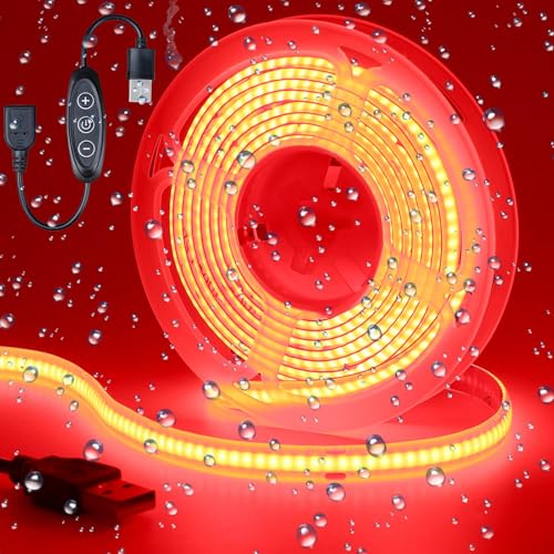 DC 5V USB COB Red LED Strip Light Dimmable IP65 Waterproof USB Powered 6.6ft/2M 640LEDs with Dimmer High Brightness Flexible LED Tape Lights - color: Red