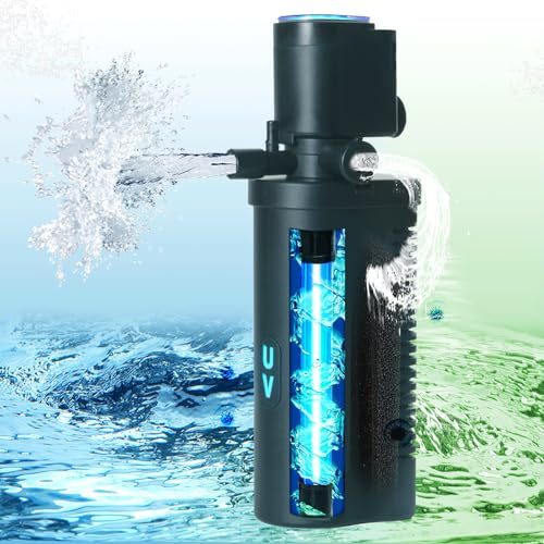 TARARIUM Small Aquarium Filter U-V for 10-45 Gallon Tank, 158GPH Fish Tank Filters for Betta Fish Tank Green Clean Machine, Internal Pump Filter for Turtle Tank Saltwater Freshwater Crystal Clear - size: Extra Small - H4F(for 10-45 Gallon)