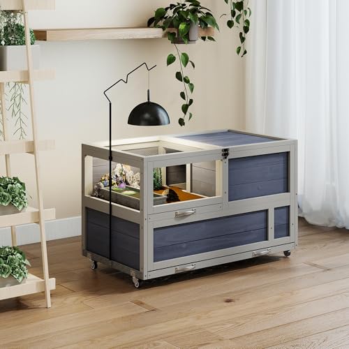 COZIWOW 2-Tier Tortoise Enclosure with Adjustable Lamp Stand, Large Wooden Tortoise Habitat, Indoor & Outdoor Reptile Enclosure for Small Animals, Ramps, Wheels, Deeper Bottom to Burrow