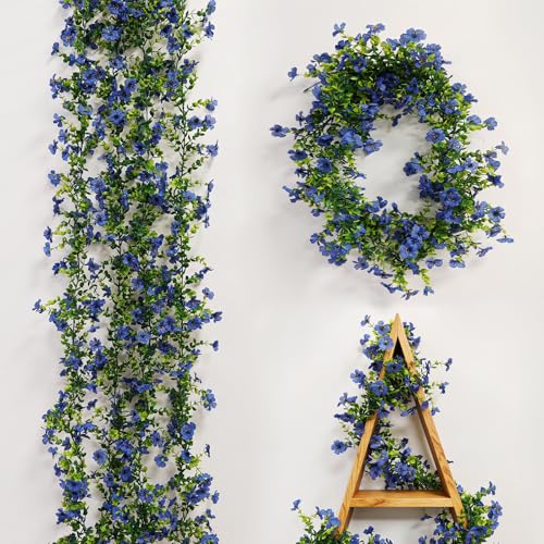 4 Pcs Faux Flowers Garland Plant, Artificial Vines Hanging Flowers Leaves Greenery Garland for Wedding Backdrop Arch Wall Decor, 6 Feet/pcs UV Resistant Indoor Outdoor - color: Blue