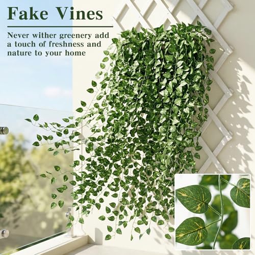 CEWOR Fake Ivy Vines for Room Decor 12pcs Fake Ivy Greenery Garland Wall Decor (Pothos)