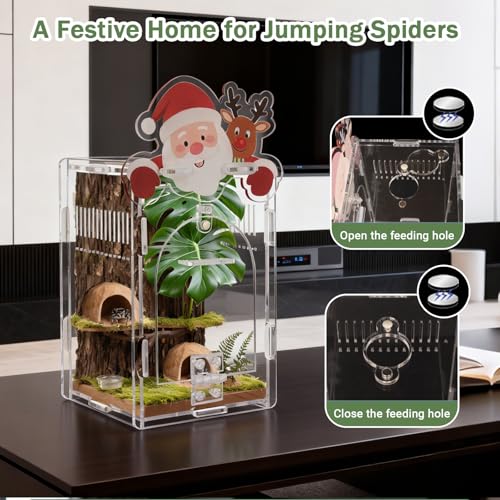Santa Claus Jumping Spider Enclosure, Magnetic Acrylic Habitat Terrarium with Secure Doors, 4x4x6.3 Inch Small Desktop Decor Gift for Spider, Mantis, Beetles - size: 4"x4"x6.3"