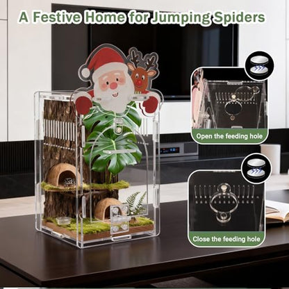 Santa Claus Jumping Spider Enclosure, Magnetic Acrylic Habitat Terrarium with Secure Doors, 4x4x6.3 Inch Small Desktop Decor Gift for Spider, Mantis, Beetles - size: 4"x4"x6.3"