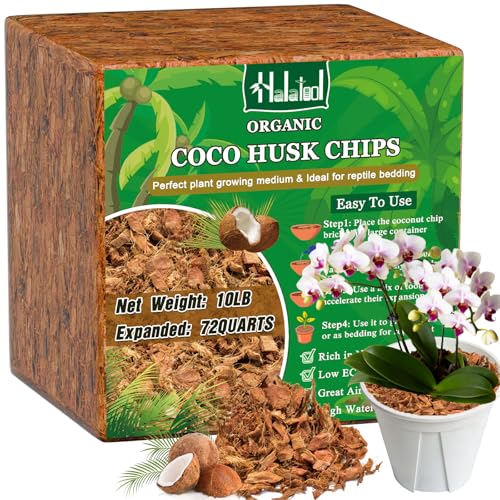 Halatool 10LBS Coco Husk Chips for Plants, Organic Coconut Mulch for Maintaining Moisture and Air & Absorb Water, Compressed Coco Soil Mix for Houseplant, Garden, Landscaping, Reptile Substrate - color: 10lbs-1pcs