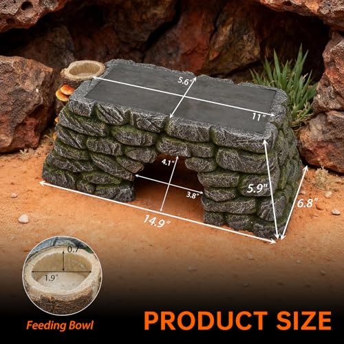 3 in 1 Bearded Dragon Basking Platform, Reptile Habitat Cave Hideout with Food Bowl, Aquarium & Terrarium Decor Accessories for Lizard Snake Gecko Turtle