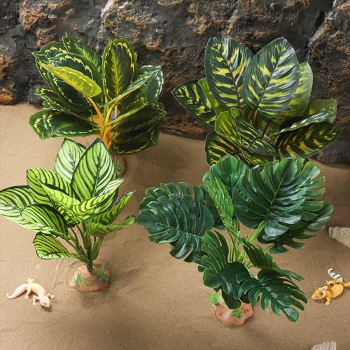 IBWell Reptile Terrarium Plants - Tortoise Habitat Accessories, Artificial Spider Plant for Gecko, Ball Python - Calathea Makoyana A