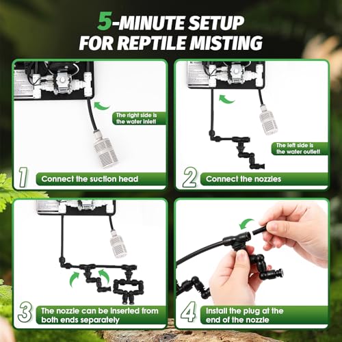LANUEVA Reptile Humidifier, Quieter Terrarium Mister System with 4 Single Misting Nozzle 360°Adjustable+2 Misting Nozzle, Reptile Fogger Sprayer System for Reptile Tank, Chameleon, Lizard, Snake, Frog