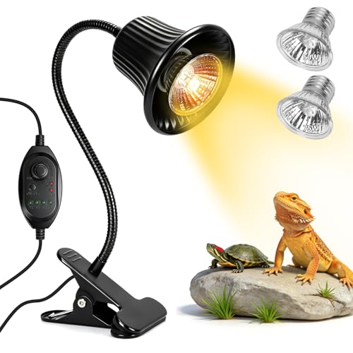 Reptile Heat Lamp, Heating Lamp for Reptiles with UVA UVB,2H,4H,8H,10H Cycle Timing&Stepless Dimming Adjustment Basking Light for Turtle, Bearded Dragon, Lizard and More, 2 Bulbs 50W+75W