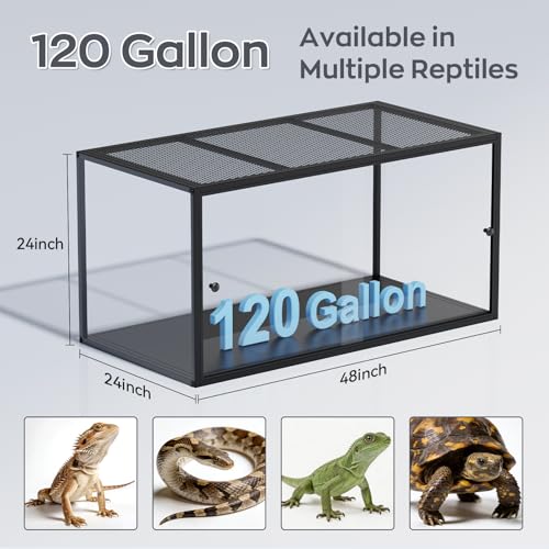 BORISI 120 Gallon Bearded Dragon Tank, 48" x 24" x 24" Reptile Enclosure with Sliding Doors Top Screen Ventilation, Front Opening Reptile Terrarium Tank for Easy Maintenance, Black