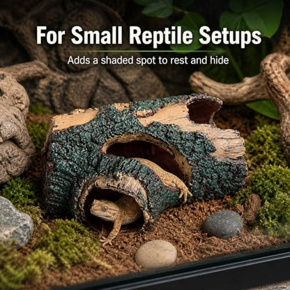 Faux Log Reptile Hideout & Aquarium Cave, Small Lizard Hide for Terrarium and Fish Tank Decor, Multiple Openings, Textured Bark Ornament for Gecko, Shrimp & Small Fish, 5.1 x 3.5 x 2.4 in