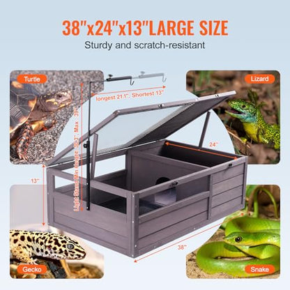 VEVOR Tortoise Habitat, Cedar Wooden Tortoise House Indoor & Outdoor, Tortoise Enclosure with Adjustable Lamp Holder, 2-Room Reptile Enclosure Small Animal Cage for Gecko, Lizard, Snake 38x24x13 inch - style: A Tortoise Habitat