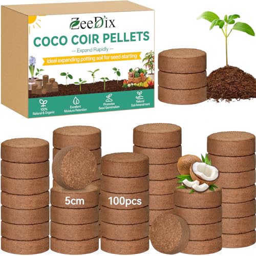 ZeeDix 100pcs(50mm) Coco Coir Pellets Potting Soil Indoor Plants, Compressed Coconut Coir Seed Starting Pellets Soil Discs for Planting Flowers Bonsai Herbs and Vegetables - size: 50mm