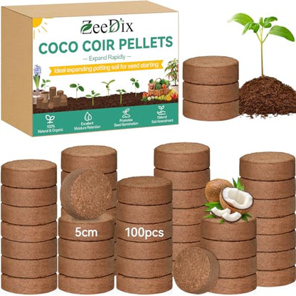 ZeeDix 100pcs(50mm) Coco Coir Pellets Potting Soil Indoor Plants, Compressed Coconut Coir Seed Starting Pellets Soil Discs for Planting Flowers Bonsai Herbs and Vegetables - size: 50mm