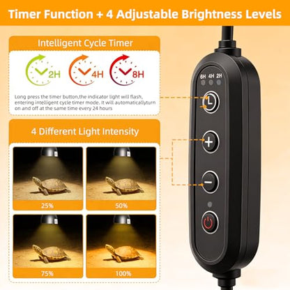 COOSPIDER 50W Reptile Heat Lamp with Clamp & Timer, Small Turtle Basking Light Fixture 360° Rotatable Hose with 2 Spare G9 Base Bulbs for Plants Small Reptiles Bearded Dragon Lizard Snake