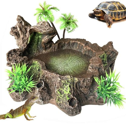 PINVNBY Reptile Water Dish, Snake Water Bowl, Resin Turtle Basking Platform with Artificial Plants, Crested Gecko Tank Accessories for Bearded Dragon, Hermit Crab, Snake (Smooth)