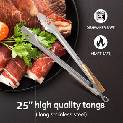 XUDAKAIXIN 25-Inch Very Long Stainless Steel BBQ Tongs with Extended Luxurious Acacia Handle – Durable and Easy-to-Clean Grilling Tool for Cooking, Kitchen Use, and Outdoor Barbecues - color: 25-Inch