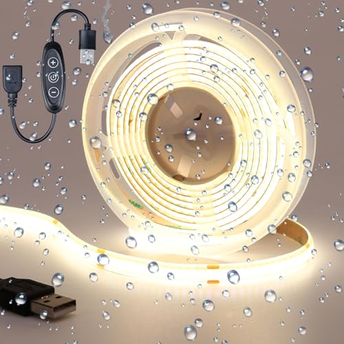 DC 5V USB COB LED Strip Light Natural White 4000K Dimmable IP65 Waterproof CRI 93+ USB Powered 6.6ft/2M 640LEDs with Dimmer High Brightness Flexible LED Tape Lights - color: Natural White