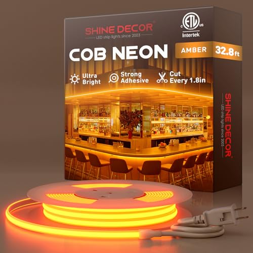 Shine Decor COB LED Rope Light AC 120V, 800lm Ultra Bright, IP65 Waterproof Cold-Resistant ETL Neon Strip, No Driver Tape Lighting for Home Commercial 10x4.5mm, Amber, 32.8ft - color: Amber, size: 32.8 ft