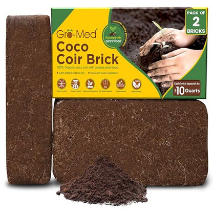 Gro-Med Organic Coco Coir Bricks for Plants – 2 Pack Compressed Coconut Coir Soil with Nutrients, Low EC & pH Balanced Seed Starter Potting Mix for Indoor & Outdoor Plants - size: 2 Pack - NPK Enriched Coco Coir Brick