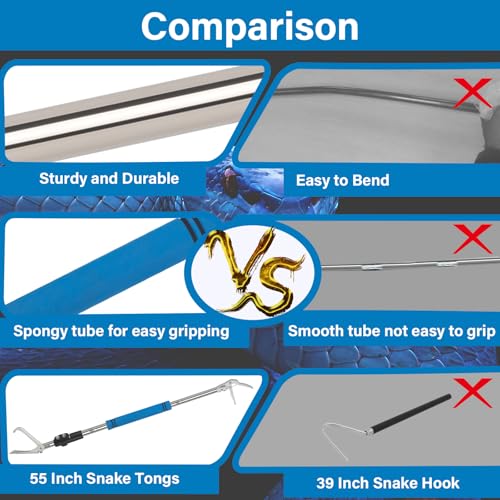 Snake Grabber Tool, 55" Snake Tongs Long Handle for Rattlesnake Reptile Tongs Heavy Duty Long Catcher Reach Grabber Stainless Steel Materials Sponge Handle Wide Jaw (55 inches) - size: 55"