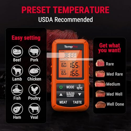 TempPro TP20 500FT Wireless Meat Thermometer with Dual Meat Probe, Digital Cooking Food Meat Thermometer Wireless for Smoker BBQ Grill Thermometer Beef Steak Turkey Thermometer (Previously ThermoPro) - color: Orange