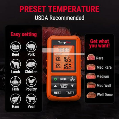 TempPro TP20 500FT Wireless Meat Thermometer with Dual Meat Probe, Digital Cooking Food Meat Thermometer Wireless for Smoker BBQ Grill Thermometer Beef Steak Turkey Thermometer (Previously ThermoPro) - color: Orange