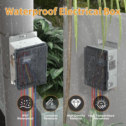 Joinfworld Outdoor Waterproof Electrical Junction Box 11.8x6.7x5.6 | WiFi Enclosure, Vented Electric Box, Plastic Clear with Mounting Panel, Cable Grommet, Stainless Steel Dust Screen - size: Medium