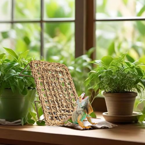 Bearded Dragon Hammock & Reptile Bed - Adjustable Basking Platform with Metal Legs, Tank Accessories for Lizard, Gecko, Snake, Hermit Crab Habitat (Nature, Rectangle)