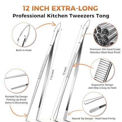 12 Inch Kitchen Tweezer Tongs, 2 PCS Stainless Steel Round & Precision Pointed Tip Extra Long Tweezers Multi-Use Kitchen Tweezers for Cooking, BBQ, plating, Grilling & Food Prep
