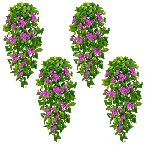 BLEUM CADE Artificial Hanging Flowers for Outdoors, 4pcs Fake Hanging Plants Pothos Vines with Purple Flowers for Wall Home Living Room Indoor Outdoor Decor (No Baskets) - color: Vines With Flowers - Purple, size: 4pcs