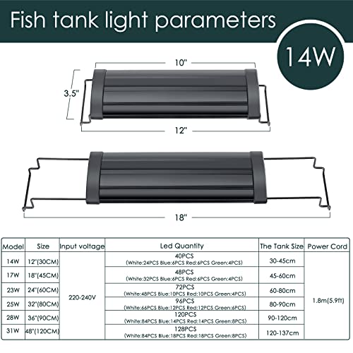 AQQA Aquarium Light,Full Spectrum LED Fish Tank Lights,12"-54" Adjustable Multi-Color White Blue Red Green LEDs with Extendable Brackets,14W-31W for Freshwater Plants (14W (12"-18")) - size: 14W (12"-18")