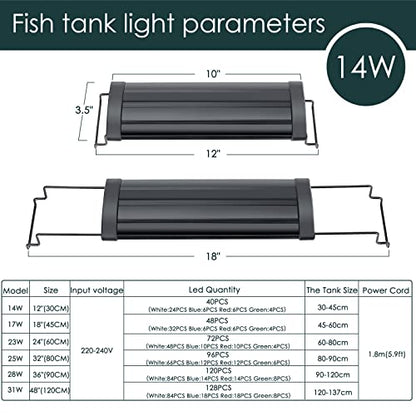 AQQA Aquarium Light,Full Spectrum LED Fish Tank Lights,12"-54" Adjustable Multi-Color White Blue Red Green LEDs with Extendable Brackets,14W-31W for Freshwater Plants (14W (12"-18")) - size: 14W (12"-18")