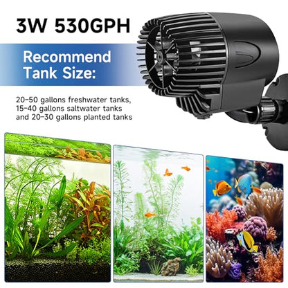 AQQA Wave Maker Pump, 530GPH Aquarium Circulation Pump 360 Degree Rotatable Submersible Powerhead Pump with Magnet Suction Base for Marine and Freshwater Aquariums（3W) - size: 3W