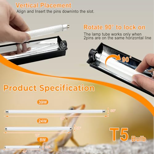 2 Pack T5 HO 10.0 UVB Reptile Bulb 24W, 22-Inch UVA UVB Light for Reptiles, Fluorescent Lamp Tube for Bearded Dragons, Turtles, Chameleons, Lizards, Tropical Desert UVB Lighting - size: 24W-22 Inch-T5 Bulb-2 Pack