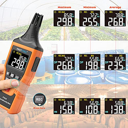 Protmex PT618 Temperature Humidity Meter, Thermometer Hygrometer Monitor with Ambient, Dew Point, Wet Bulb for Indoor/Outdoor MIN, MAX, Data Hold, LCD Backlight - size: PT618