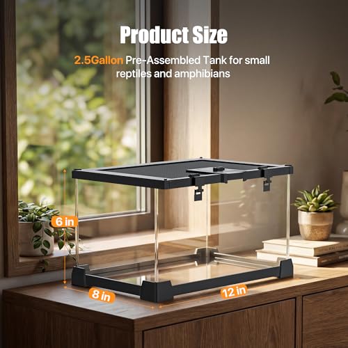 2.5 Gallon Fully Assembled Glass Reptile Enclosure, 12" x 8" x 6" | Small Reptile Terrarium Tank for Tiny Terrestrial Reptiles, Amphibians & Invertebrates - size: 12"L x 8"W x 6"H
