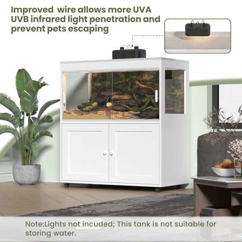 Reptile Terrarium with Storage Cabinet – Large 60 Gallon Tank with Wheels, Sliding Door & Metal Mesh Roof – Perfect for Lizards, Snakes, and More