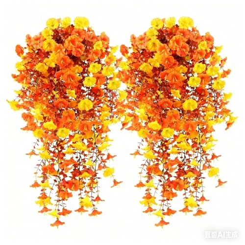 AirSun Artificial Morning Glory Flower Vines, 2pcs 60inch Hanging Plants Silk Garland Fake Green Plant Home Garden Wall Fence Indoor Outdoor Wedding Birthday Decor - color: Orangeyellow