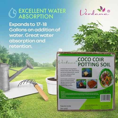 Verdana Coco Coir Potting Soil Brick - 10 lb Compressed Coconut Coir Block, Expands to 72 Quarts / 18 Gallons, Peat Moss Alternative for Seed Starting, Raised Beds, Potting Mix & Houseplants
