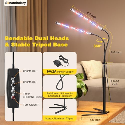 Grow Lights for Indoor Plants, Full Spectrum LED Plant Light with 9.8-35 in Tripod Stand, 120 LEDs 5700K, 4/8/12H Auto Timer, 5 Brightness Levels - size: Stand-2Head