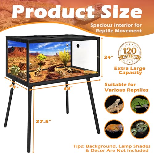 PROLEE 120 Gallon Bearded Dragon Tank with Leg Sand, 4x2x2 Reptile Enclosure with Tempered Glass Sliding Doors, Lockable Front Opening and Metal Mesh Top, Large Terrarium for Lizards and Snakes, Black - color: Black